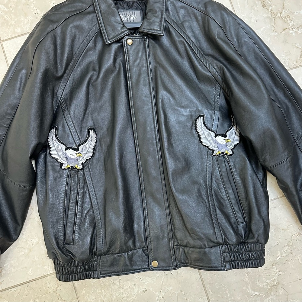 Men’s Vintage Wilson Black Leather‎ Bomber Jacket With Eagle Embroidery Size XL - Picture 3 of 10